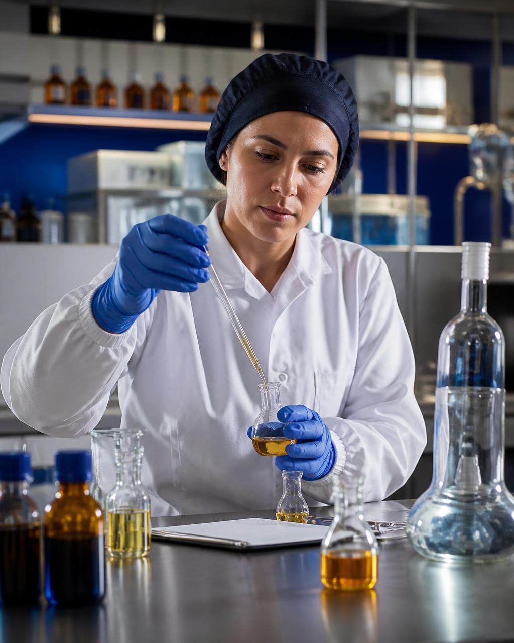 Especialista formulando um aroma em laboratório
